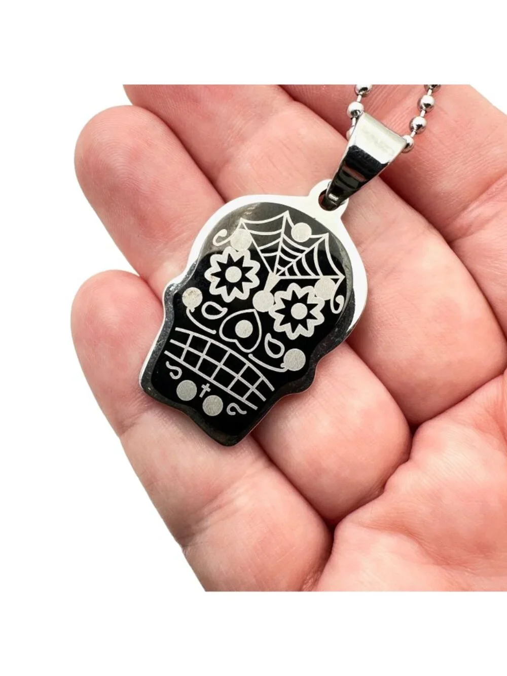 Stainless Steel Unisex Necklace Sugar Skull Day of the Dead 24 Inch Chain